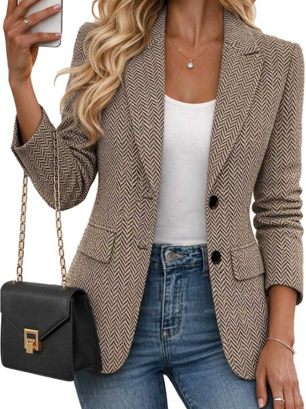 Chic Women's Fall Herringbone Blazer Jacket | Tweed Plaid Business Casual Wear